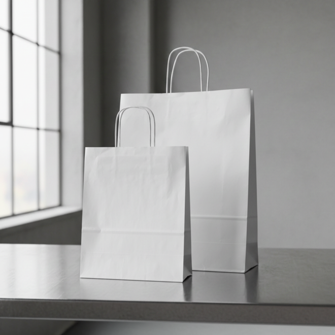 Papiertaschen weiss mit Henkel, Papiertüten weiss 18x8x22, Restposten Papiertüten