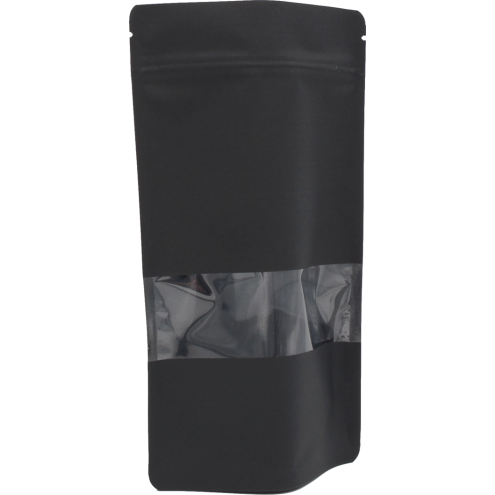 Standbodenbeutel/Doypacks Schwarz mit Fenster, je nach Grössen 500-1000 Stück