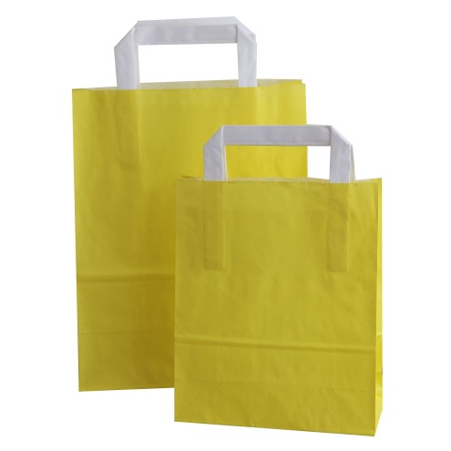 Restposten, 250 Papiertüten GELB mit Flachhenkeln weiß, 22x10x28