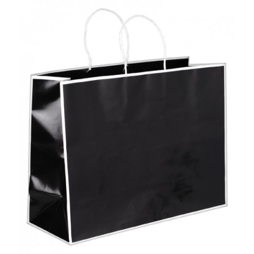 125 Papiertaschen 40x12x30cm SCHWARZ mit weißem Rahmen und Papierkordel