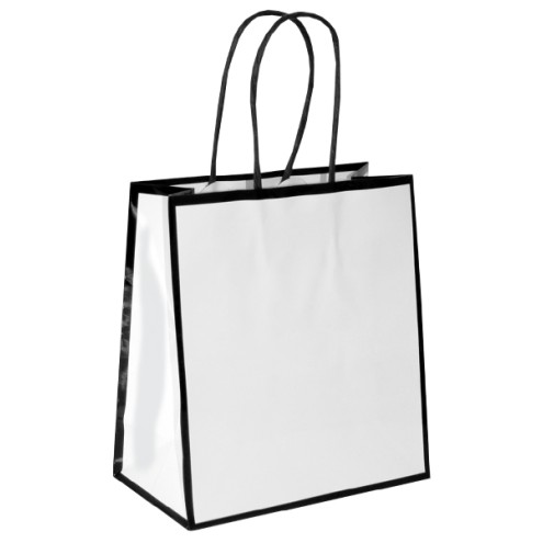 250 Papiertaschen 18x7,5x18cm WEISS mit schwarzem Rahmen und Papierkordel