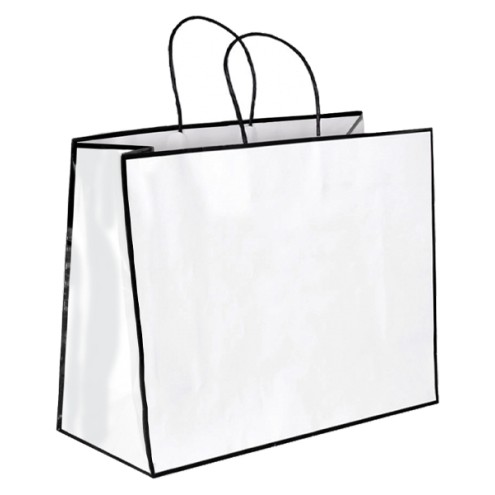 125 Papiertaschen 40x12x30cm WEISS mit schwarzem Rahmen und Papierkordel