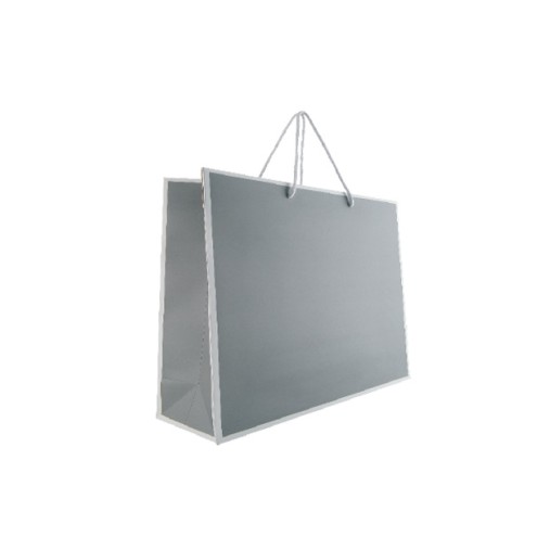 100 Papiertaschen 42x12x37 GRAU mit weißem Rahmen und Baumwollkordel