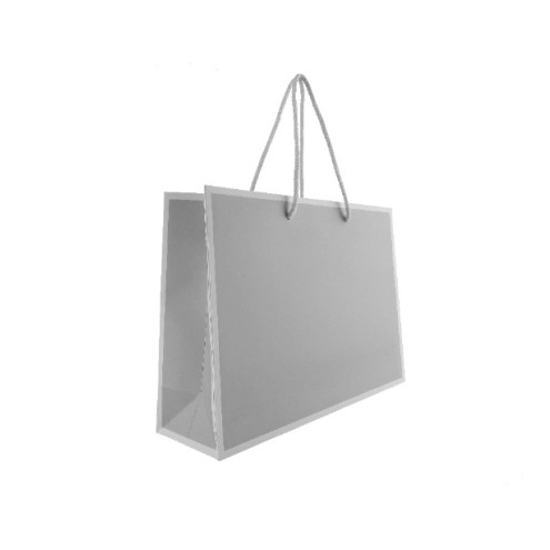 100 Papiertaschen 42x12x37 HELLGRAU mit weißem Rahmen und Baumwollkordel
