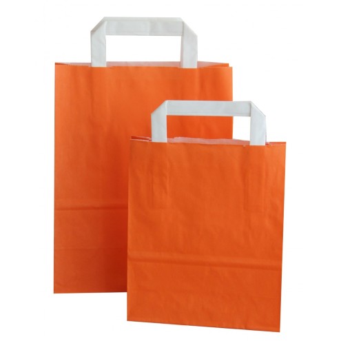 250 Papiertüten ORANGE mit Flachhenkeln weiß, 3 Größen wählbar