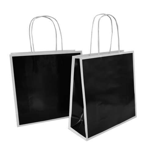 100 Papiertaschen 24x09x24cm SCHWARZ mit weißem Rahmen und Papierkordel