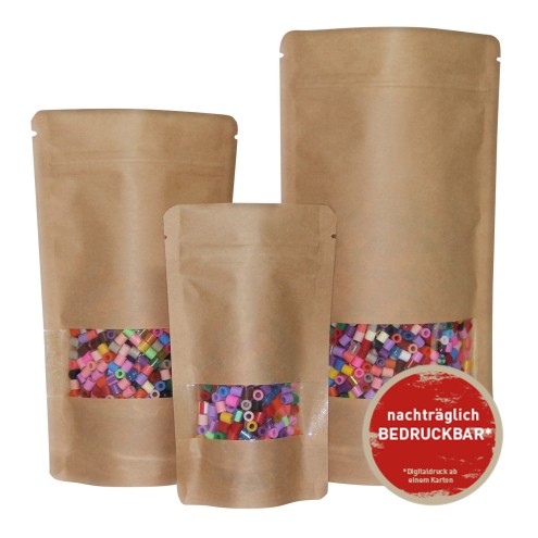 Standbodenbeutel/Doypacks Kraftpapier braun mit Sichtfenster, je nach Grössen 500-1000 Stück