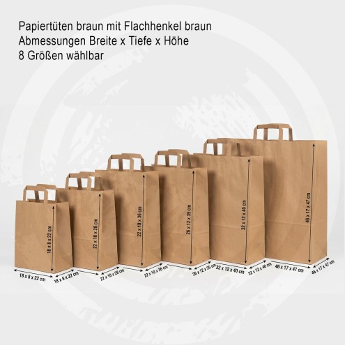 Braune Papiertüten mit Henkel, 250 Stück, 8 Größen - Flachhenkel
