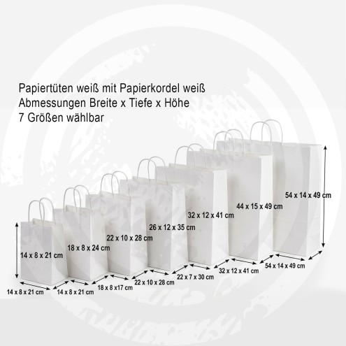 Weiße Papiertüten mit Kordel, stabil, 7 Größen (125–400 Stück je Karton)