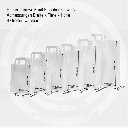 Papiertüten WEISS mit Flachhenkeln, 250 Stück, 8 Größen wählbar